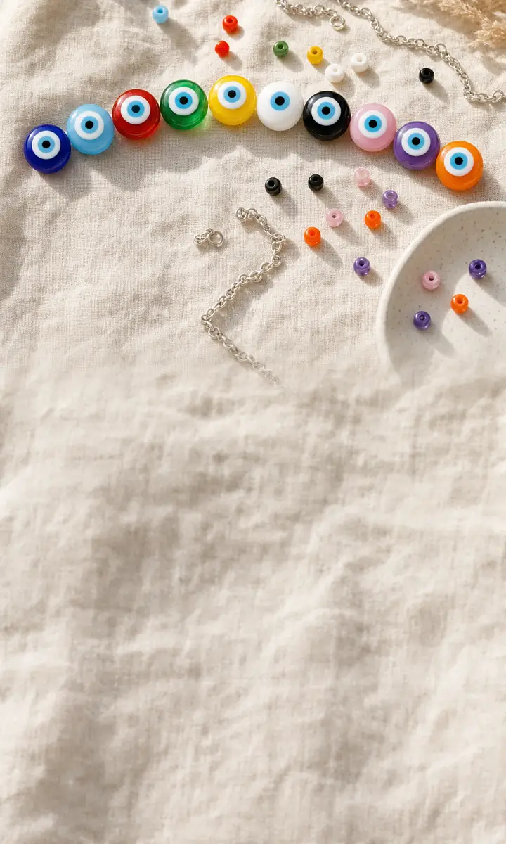 Ten glass evil eye beads in a row on linen, from dark blue to orange