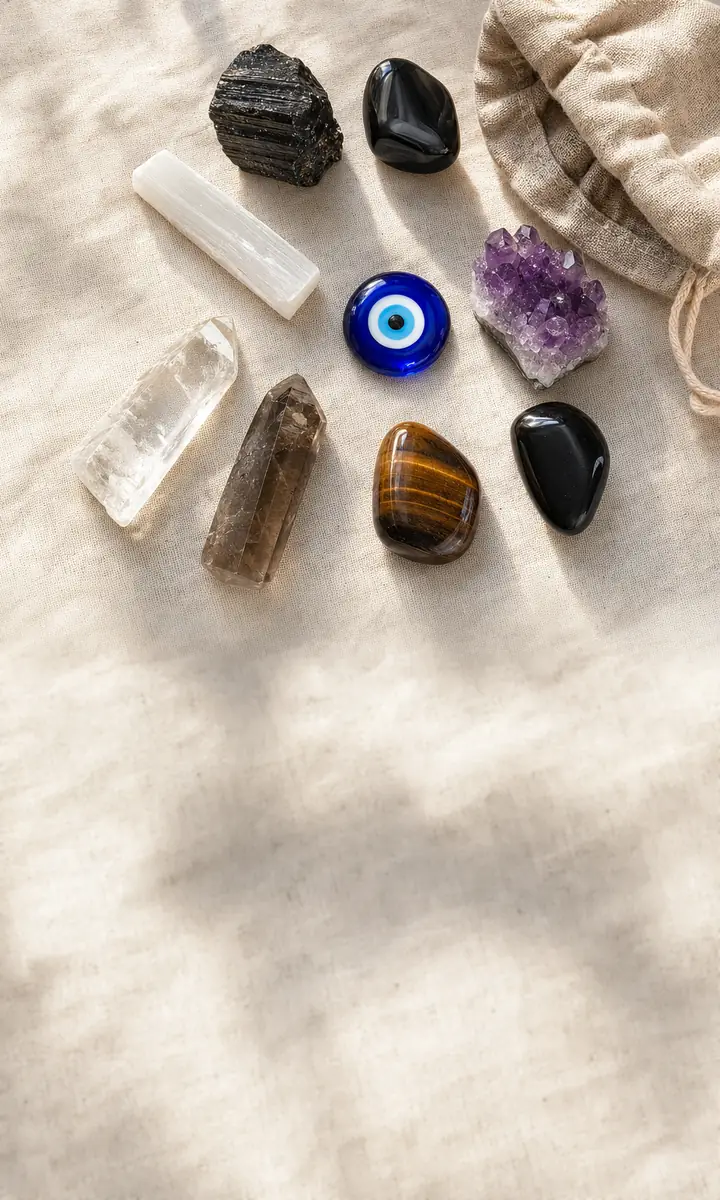 Eight protective stones on linen — black tourmaline, obsidian, selenite, amethyst, onyx, tiger's eye, smoky and clear quartz — around a cobalt nazar