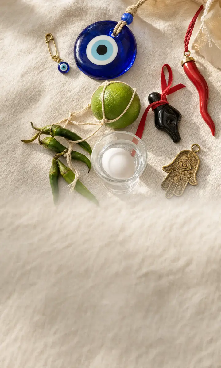 Protective charms from several traditions on linen: a Turkish nazar, a red Italian horn, a jet azabache, a lime with chillies, an egg in water and a hamsa