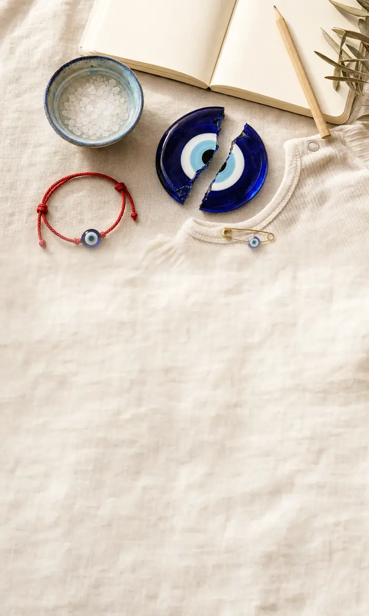 An open notebook, a cracked cobalt nazar, a bowl of salt water, a red string and a baby pin with a blue bead on linen