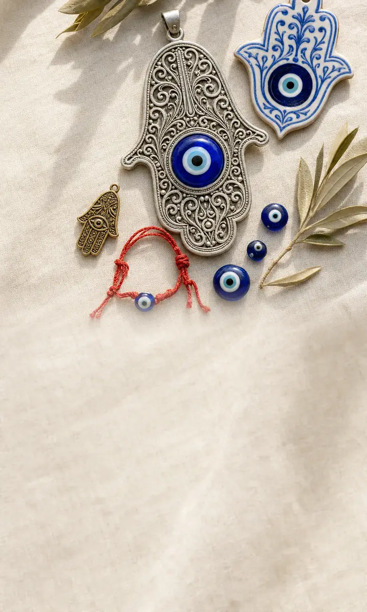 A silver filigree hamsa hand with a cobalt eye in the palm, a ceramic hamsa, a red string and olive leaves on linen