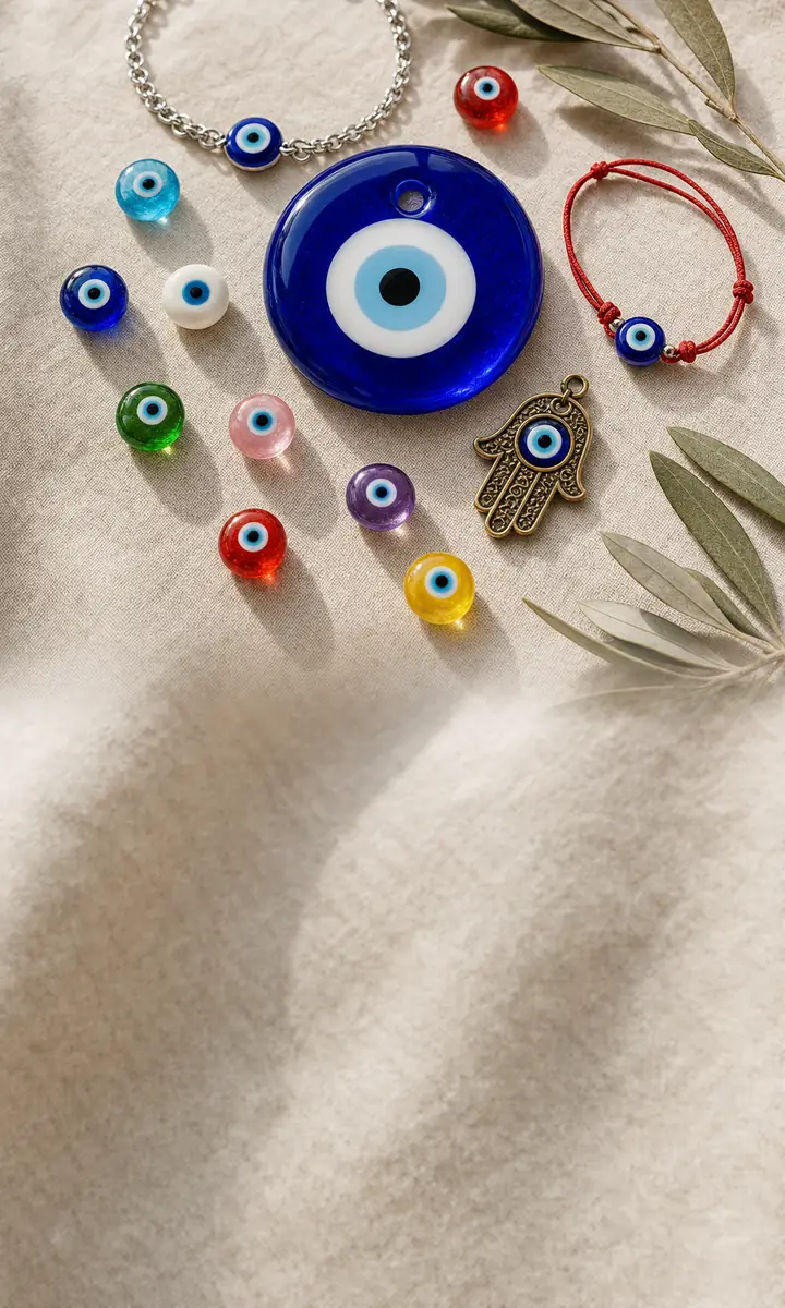 Glass evil eye beads in many colors, a cobalt nazar, silver and red-string bracelets and a brass hamsa on linen