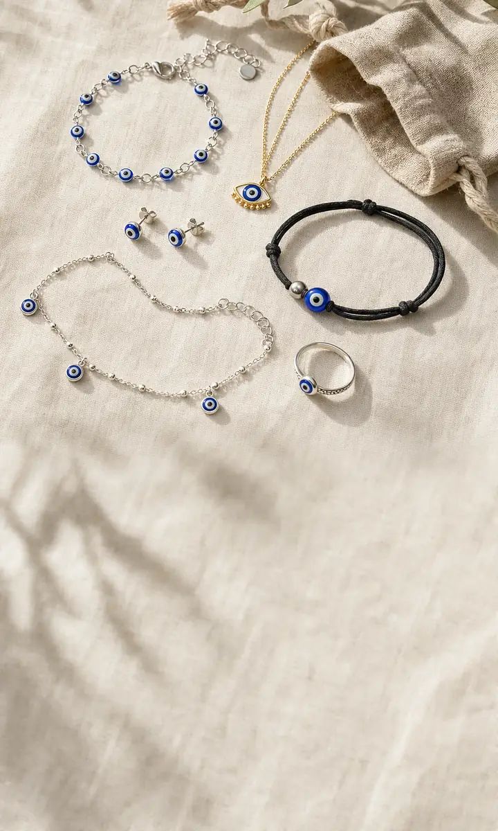 Evil eye jewelry on linen: a silver bracelet with eye beads, a gold eye pendant, stud earrings, an anklet, a cord bracelet and a ring