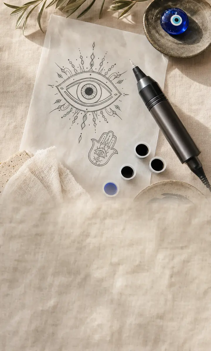 A tattoo artist's flat-lay on linen: a fine-line evil eye stencil, a tattoo pen, black and cobalt ink caps and a glass eye bead
